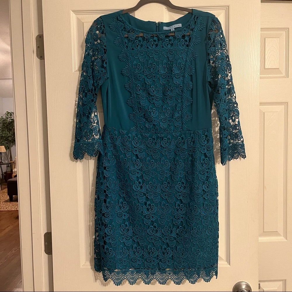 Size 10 Teal Antonio Melani Dress with Gorgeous Lace Detail; EUC only worn once